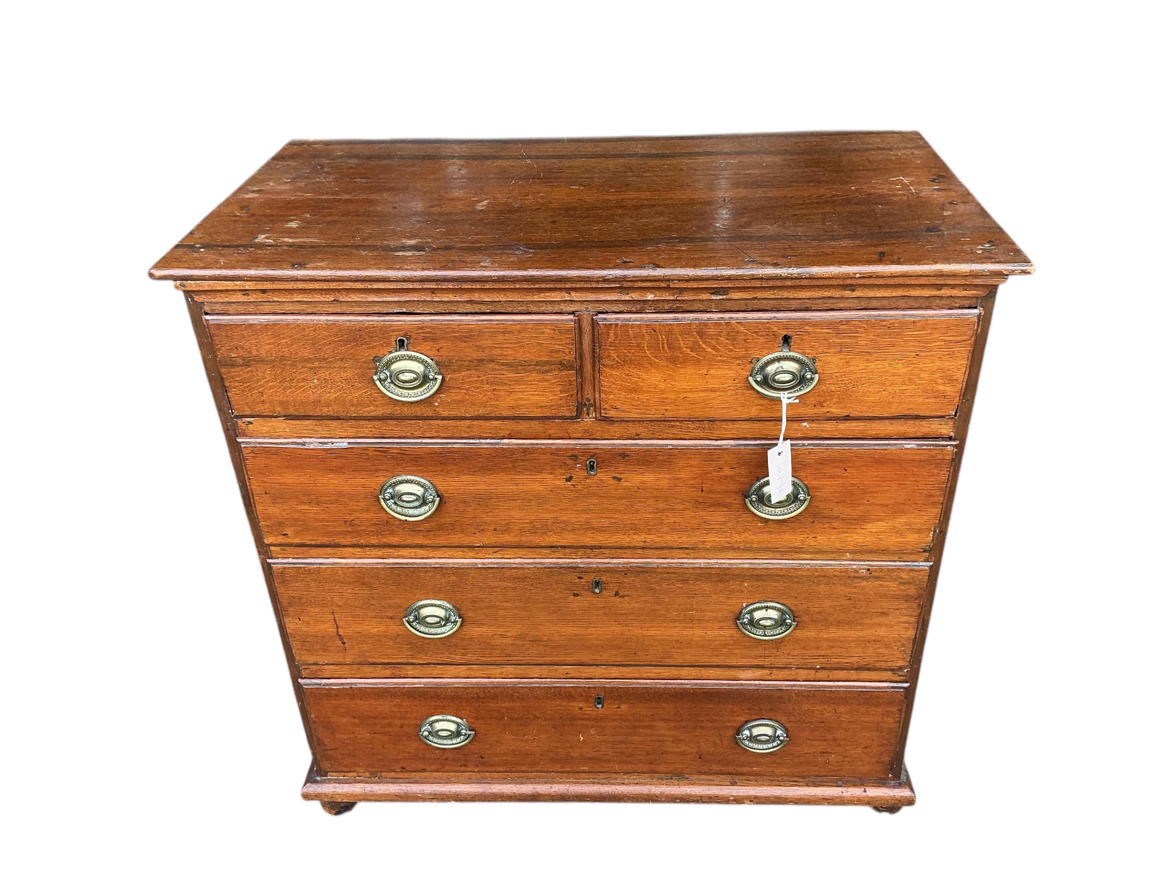 A George III oak chest of five drawers, width 93cm, depth 51cm, height 91cm